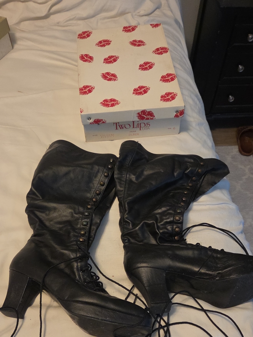 Two Lips Black Lace-Up Mid-Calf Heeled Boots with Stud Accents